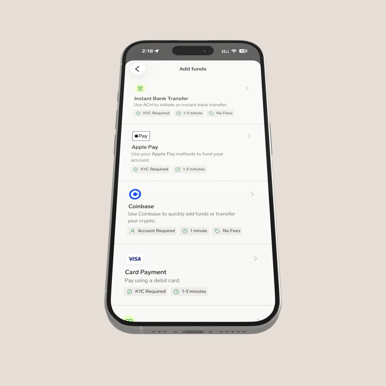 Superform Add funds screen with supported funding methods