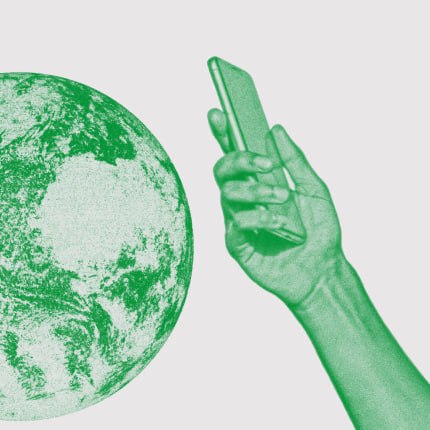 Hand holding a phone with a globe illustrating a global transfer