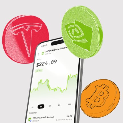 Superform phone showing tokenized NVIDIA stock with Tesla, NVIDIA, and Bitcoin artwork
