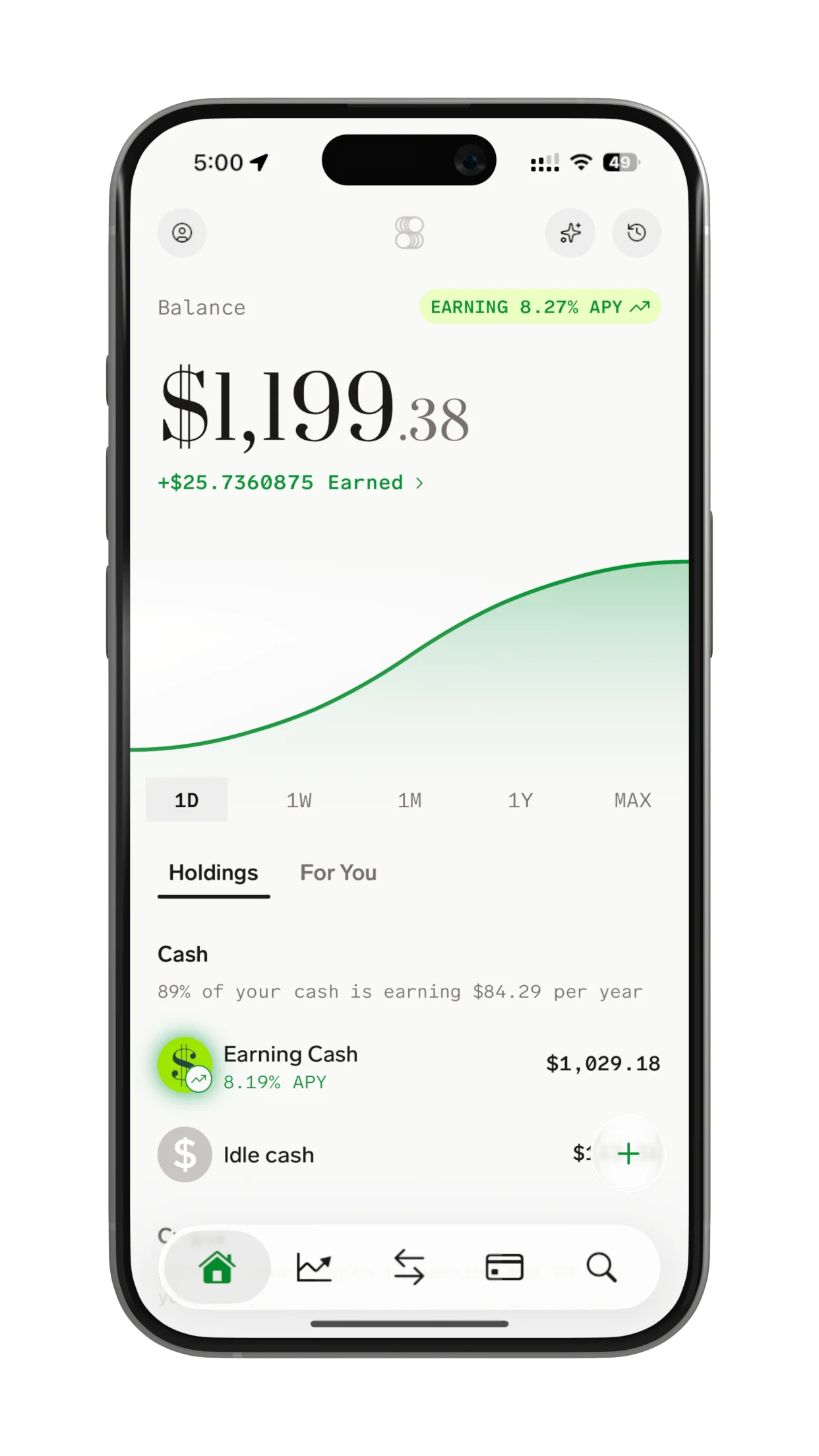 Home screen: your balance, the rate it earns and what it has earned so far.